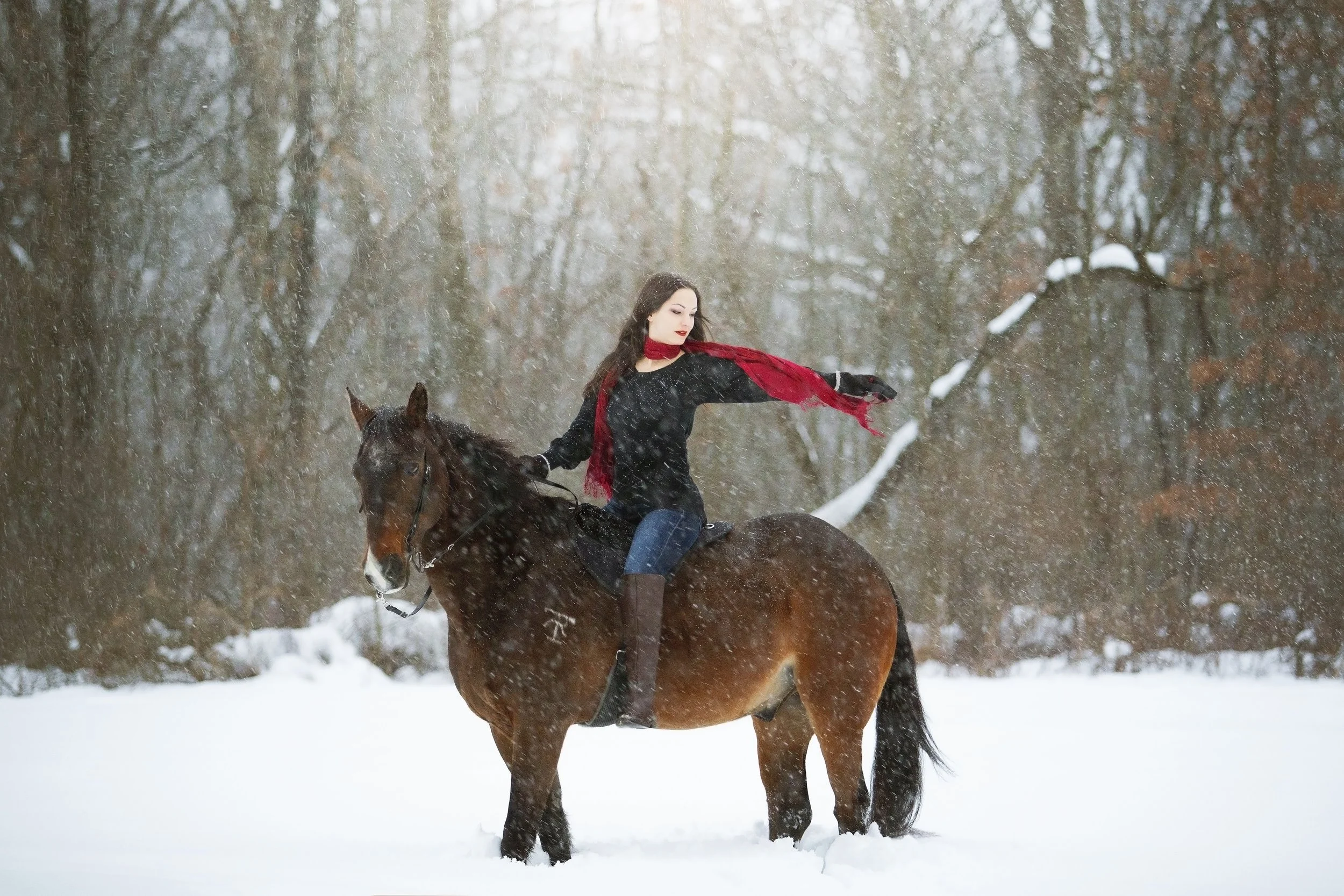 A woman riding a brown horse in a snowy forest during snowfall, wearing a black coat and red scarf.