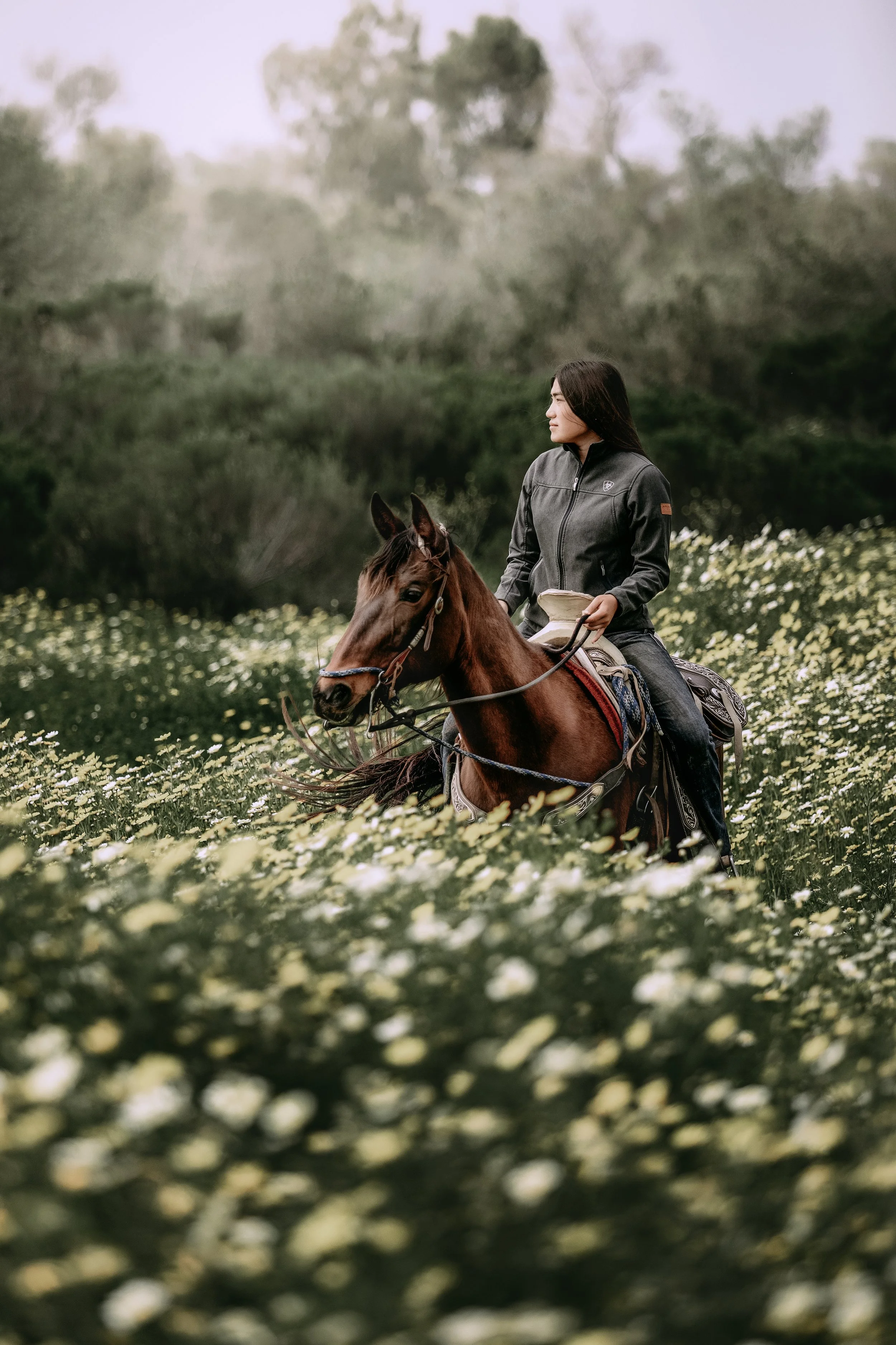 A woman riding a brown horse through a field of white flowers, with a blurred background of trees and bushes.