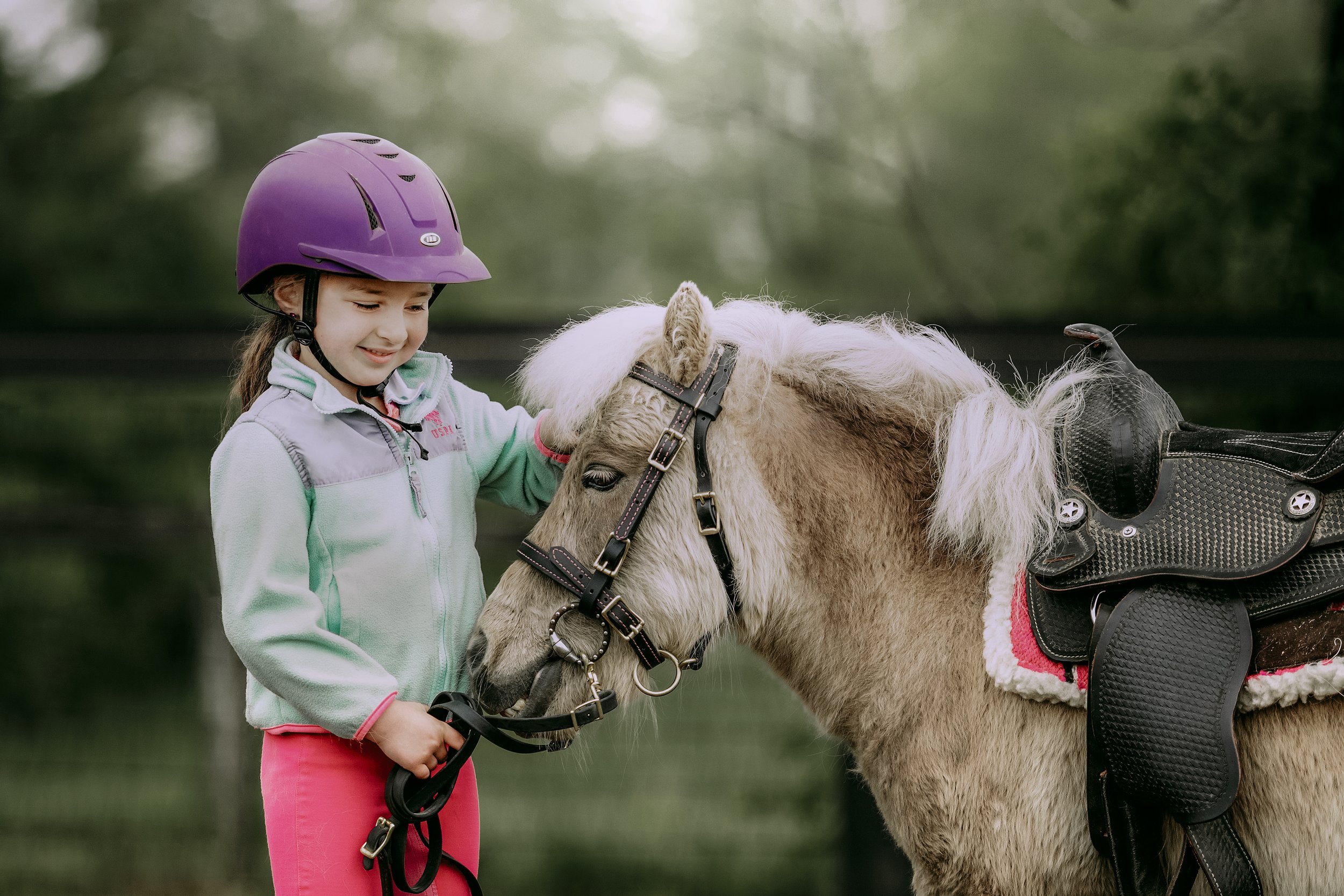 A young girl wearing a purple riding helmet smiles and pets a small, light-colored horse with a white mane, in an outdoor setting with blurred green background.