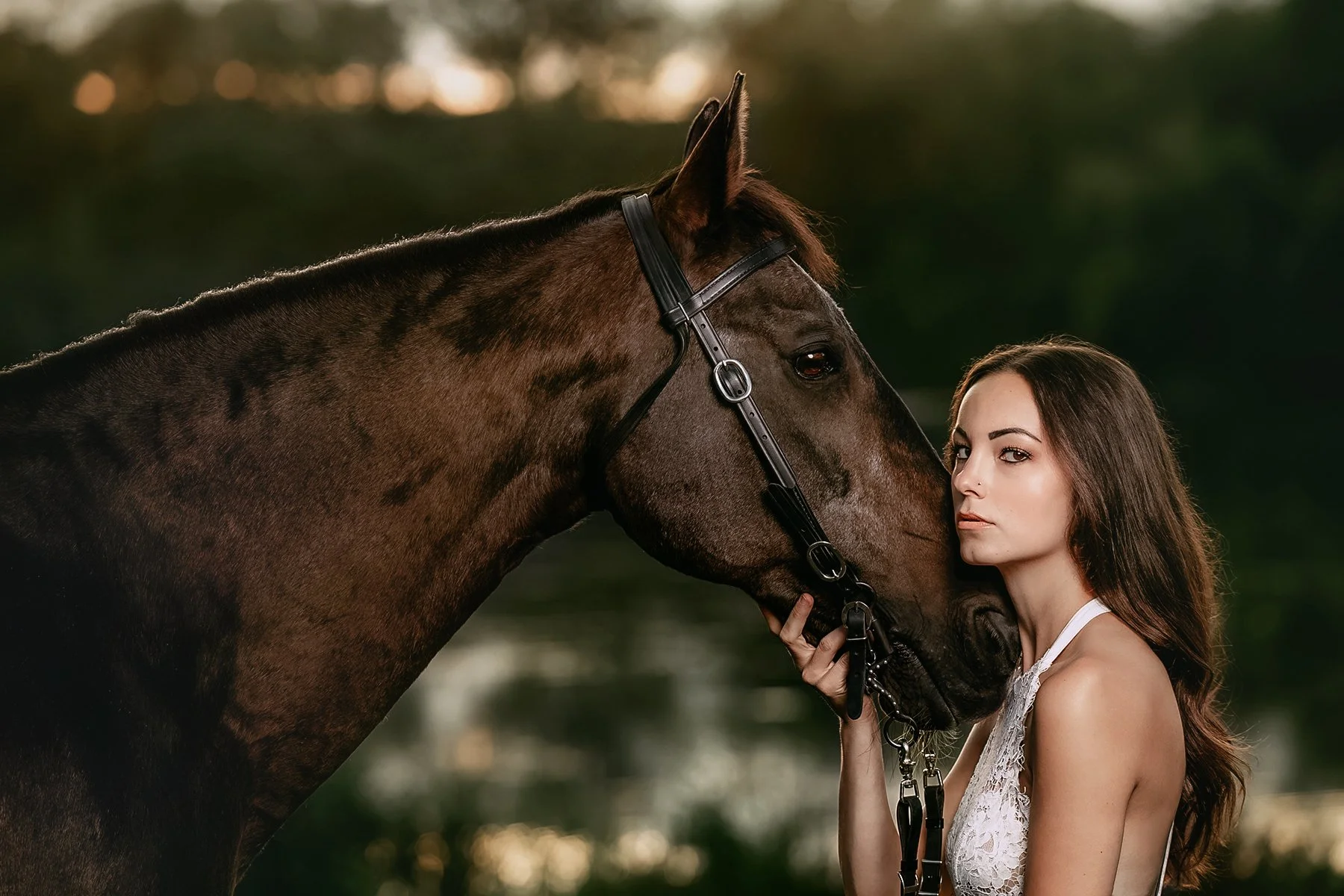A woman with long brown hair and wearing a white lace top gently touching the face of a dark brown horse with a black bridle in an outdoor setting at sunset.