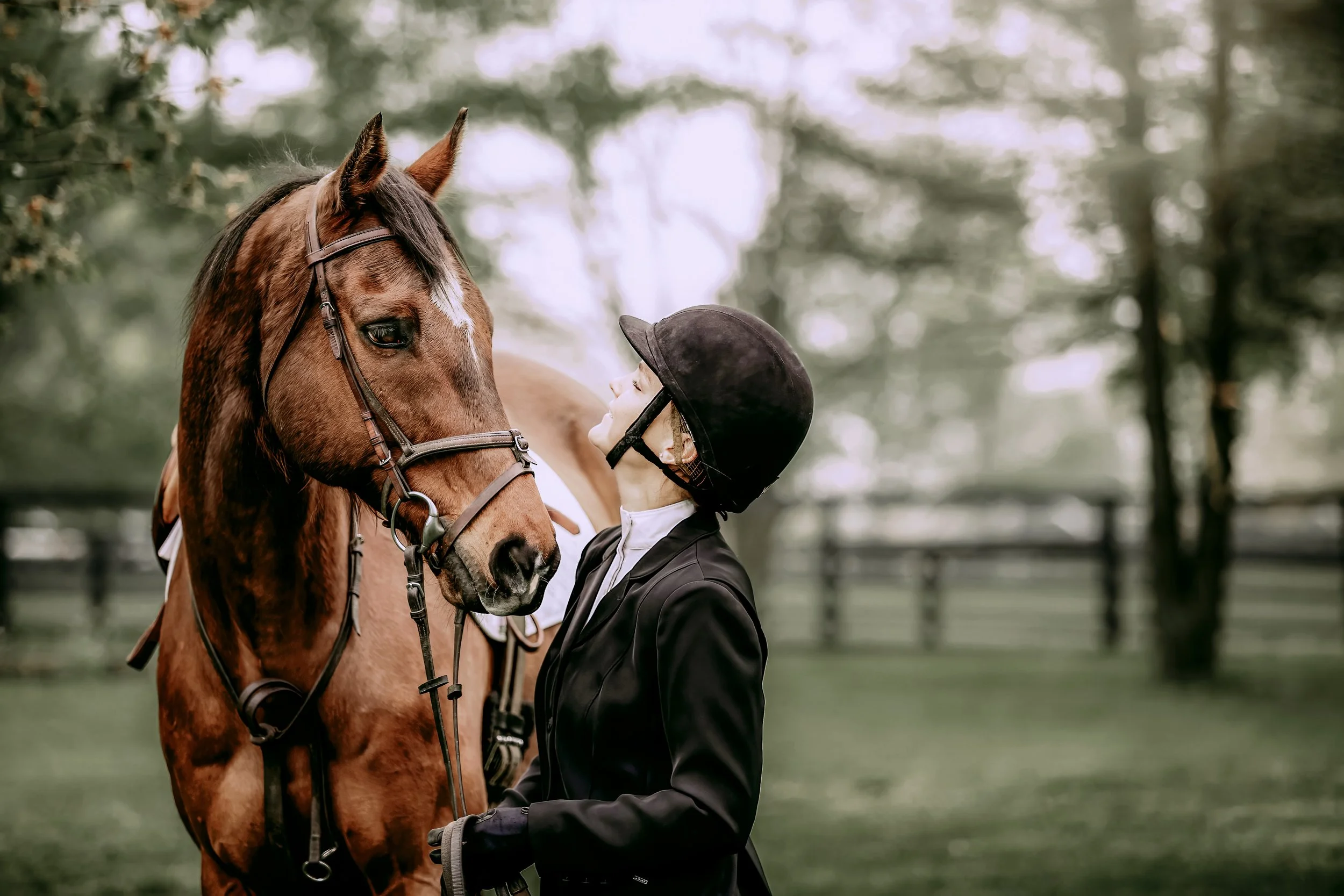 A woman in equestrian attire, including a riding helmet and jacket, stands close to a brown horse with a white star on its forehead during daytime outdoors, surrounded by trees.