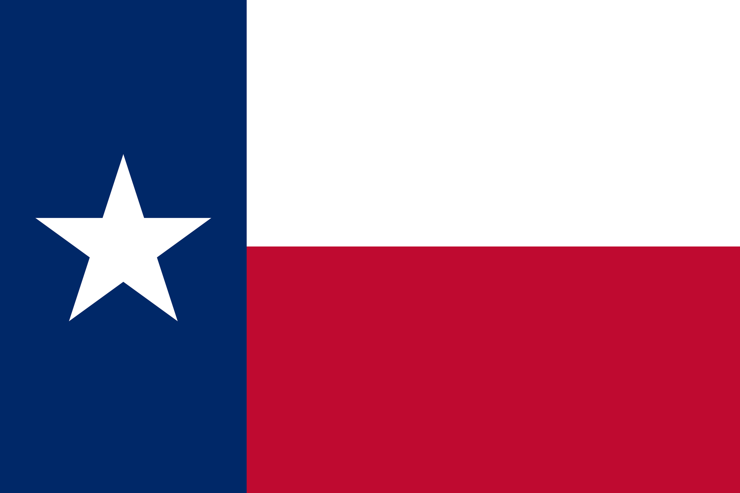 A Texas flag with a vertical blue stripe featuring a white star on the left, and horizontal white and red stripes on the right.