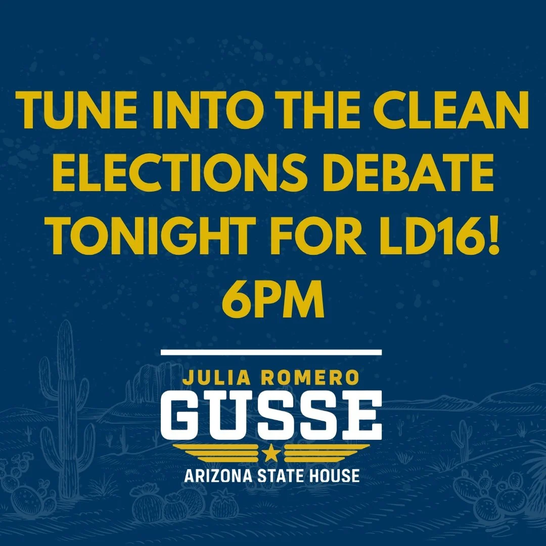 Tune into the clean election debate tonight for LD16! This is your opportunity to learn more about myself and the LD16 candidates. 

&iexcl;Sintoniza el debate sobre elecciones limpias esta noche para el distrito 16! 

#LD16 #JuliaRomeroGusse #StateH