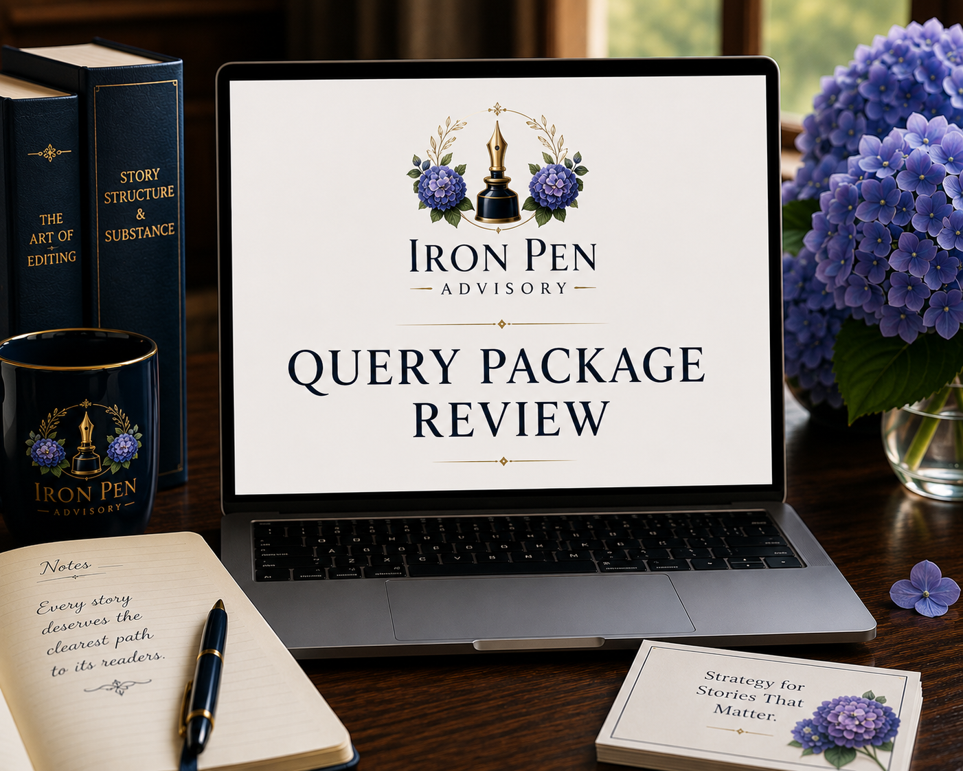 Laptop displaying 'Query Package Review' for Iron Pen Advisory, surrounded by books, a coffee mug, a notebook with handwritten notes, and purple hydrangea flowers on a wooden desk.