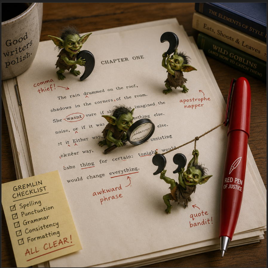 A notebook with marked-up text and four tiny goblin figurines holding punctuation marks and quotes, arranged on top. There is a yellow checklist note titled 'GREMLIN CHECKLIST' with items checked off, a red pen labeled 'Red Pen of Justice,' a mug with the text 'Good writers polish,' and a stack of books in the background.