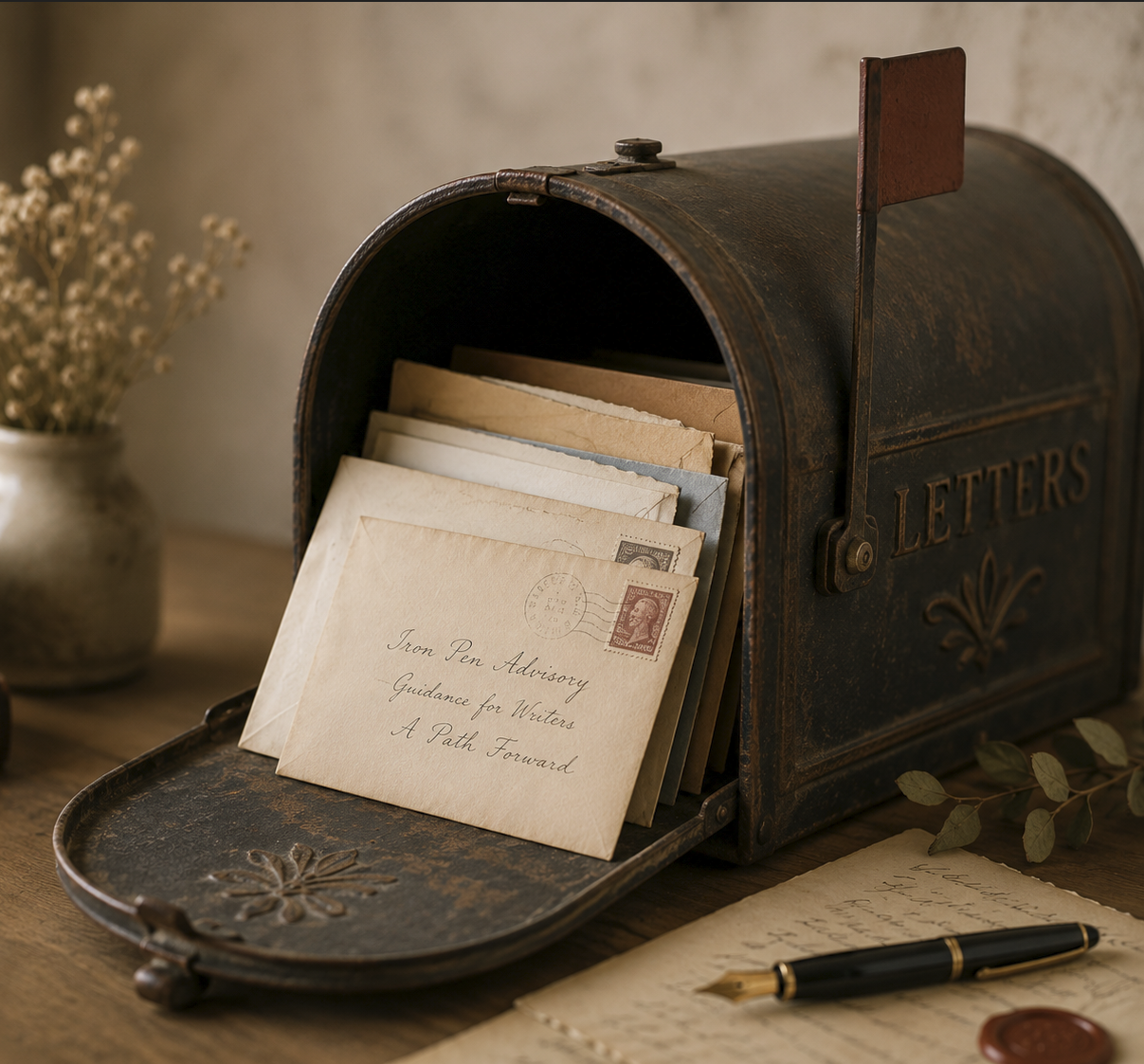 Vintage metal mailbox labeled "Letters" filled with handwritten envelopes, with a pen, wax seal, and notes on a wooden table, and a vase of dried flowers in the background.