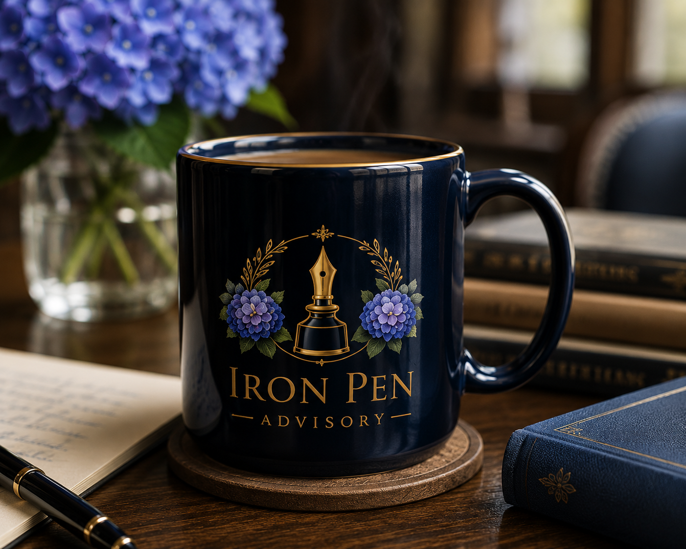 A navy blue coffee mug with gold and purple floral design and the words "Iron Pen Advisory" on a wooden desk, with a notepad and pen nearby, and a blurred background of books and a vase of purple flowers.