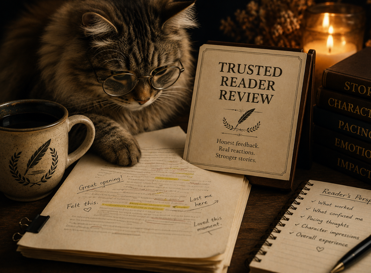A cat wearing glasses sits at a desk with a coffee mug, notes, and a sign that reads 'Trusted Reader Review.' The sign mentions honest feedback, real reactions, and stronger stories. A candle, books, and flowers are in the background.