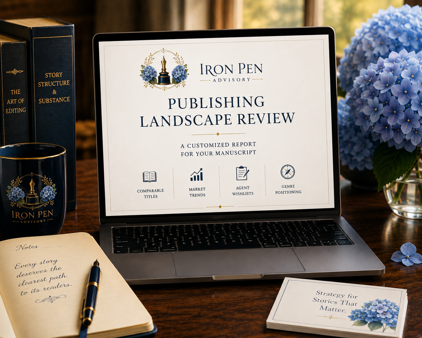 A laptop displaying a report titled 'Publishing Landscape Review' with the logo 'Iron Pen Advisory' on a wooden desk, surrounded by blue hydrangeas, a black mug with the same logo, an open notebook with handwritten notes, and a pamphlet titled 'Strategy for Stories That Matter'.