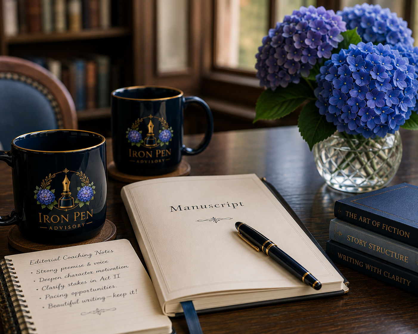 A wooden desk with two black mugs labeled 'Iron Pen Advisory' featuring a fountain pen and hydrangea flowers, an open notebook titled 'Manuscript' with a black pen on top, a closed notebook titled 'The Art of Fiction', 'Story Structure', and 'Writing with Clarity', a sheet with coaching notes, and a glass bowl of blue hydrangea flowers near a window.