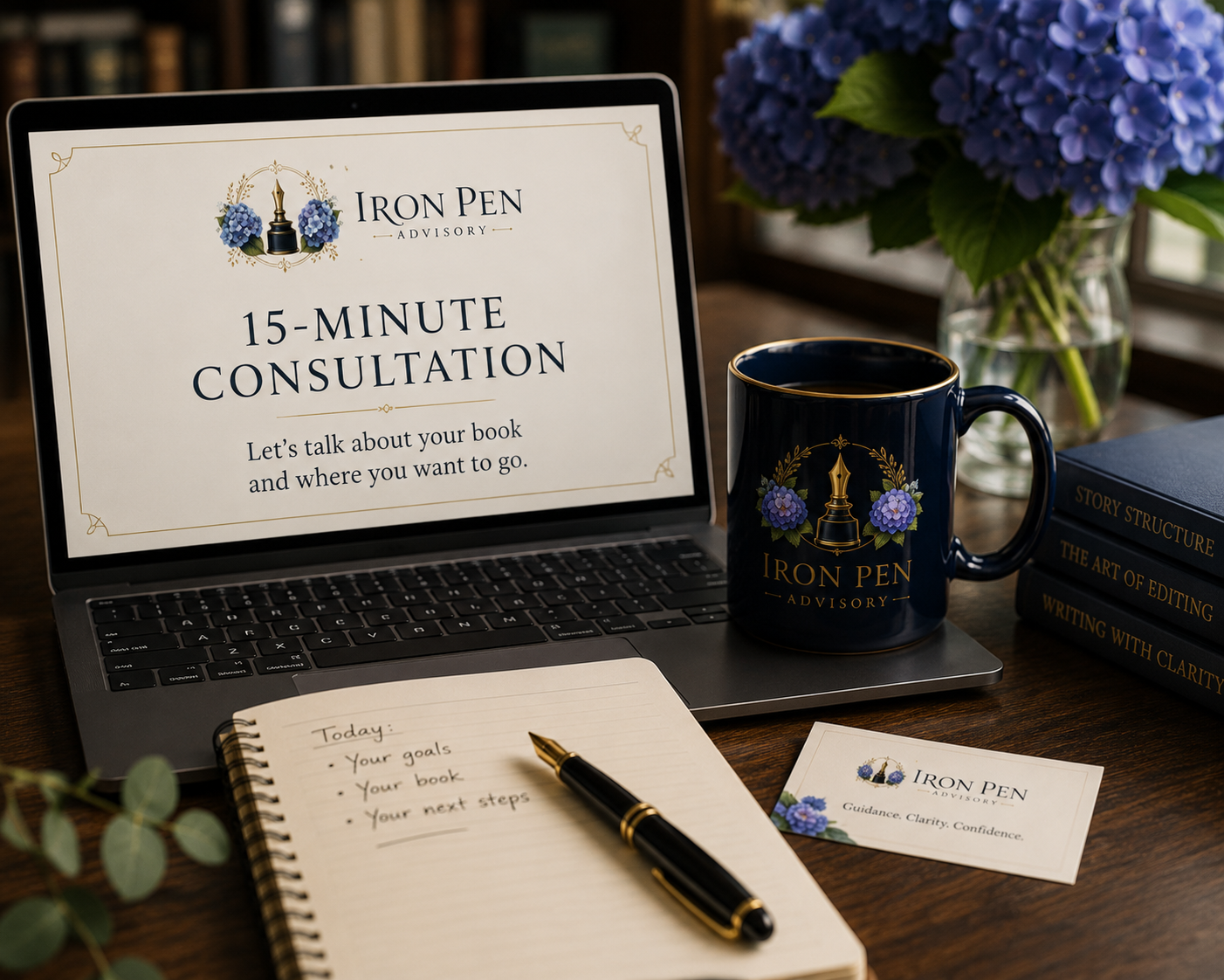 A workspace with a laptop displaying a presentation titled '15-Minute Consultation' for Iron Pen Advisory, a black mug with the same logo, a film camera, a notebook with notes, a pen, a business card for Iron Pen Advisory, a stack of books titled 'Story Structure,' 'The Art of Editing,' 'Writing with Clarity,' and a vase with purple hydrangeas.