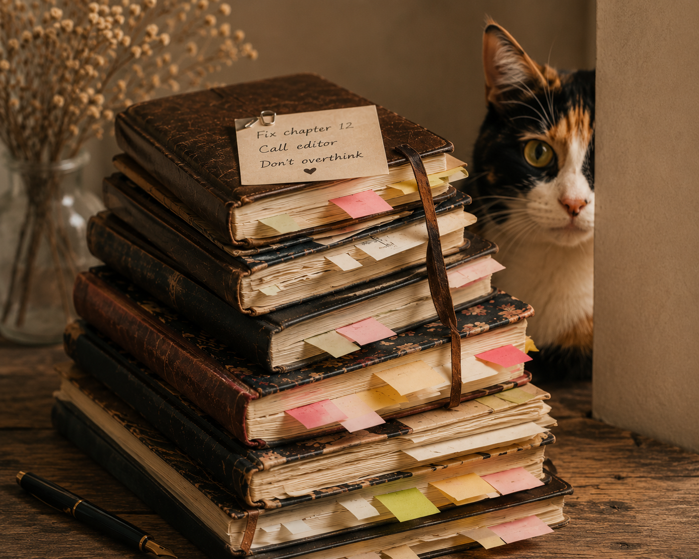 A stack of worn, old notebooks with colorful sticky notes and a note on top reading, 'Fix chapter 12, Call editor, Don't overthink' on a wooden table. A calico cat peeks from behind the wall, and a glass vase of white dried flowers is in the background.