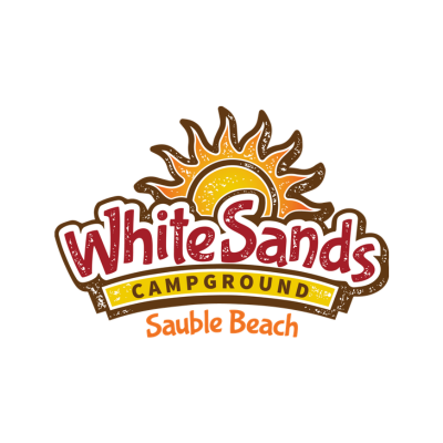 Logo for White Sands Campground Sauble Beach featuring a stylized sun with a yellow center and orange rays, and text in red, yellow, and orange.