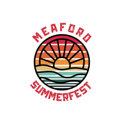 Logo for Meadow Summerfest featuring a sunset over water with a circular border and red text
