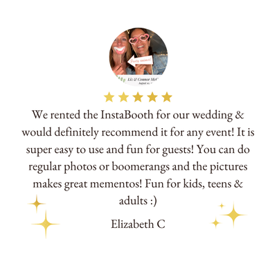 Customer review of InstaBooth rental with a photo of two smiling women at a wedding.