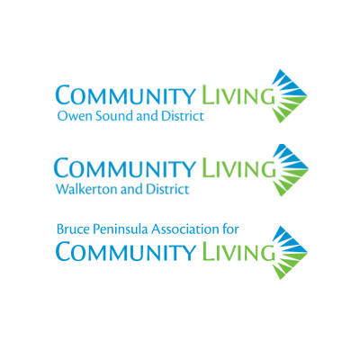 Three logos for community living organizations, each featuring the words 'Community Living' with different district names and a stylized green and blue arrow design.