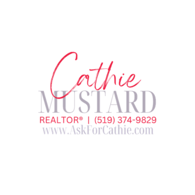 Business card for Cathie Mustard, a realtor, with contact phone number and website URL.