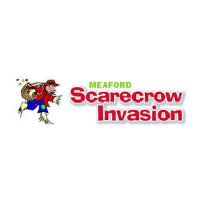 Logo for Meaford Scarecrow Invasion featuring a scarecrow with a hat and overalls, carrying a sack, with the text 'MEAFORD Scarecrow Invasion' in red and green.