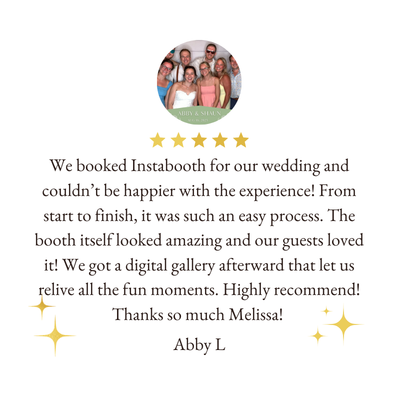 A wedding review card with a photo of a group of people at a wedding, five gold stars, and a message praising the Instabooth experience.