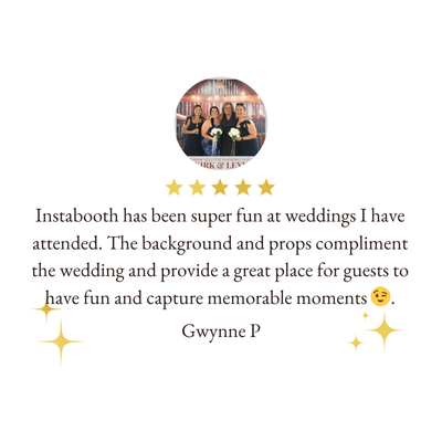 Screenshot of a testimonial from Gwynne P about Instabooth, featuring a group photo of three people at a wedding, with decorative stars and a five-star rating.