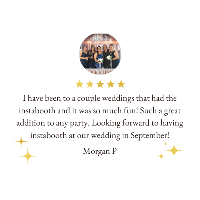 Screenshot of a five-star review from Morgan P about a wedding party, with a small circular photo of four women in formal attire holding clutches, in front of a bookshelf background.