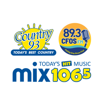 Logos of four radio stations: Country 93, CFOS 89.3 FM, HIT Music Mix 106.5, with slogans 'Today's Best Country' and 'Outing Grey Bruce First'.