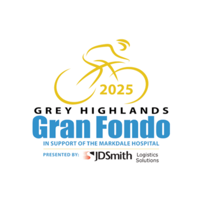 Logo for the 2025 Grey Highlands Gran Fondo cycling event featuring a yellow cyclist illustration, event name in black and blue, in support of Markdale Hospital, presented by JDSmith Logistics Solutions.