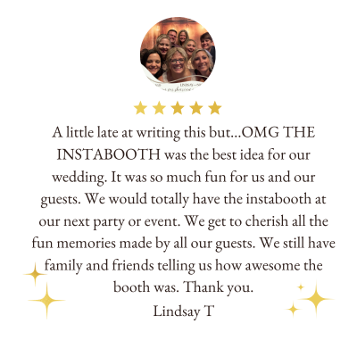 Screenshot of a positive review for an instant photo booth service, featuring a profile picture of a group of smiling friends, five gold stars, and a thank you message discussing wedding fun and guest memories.