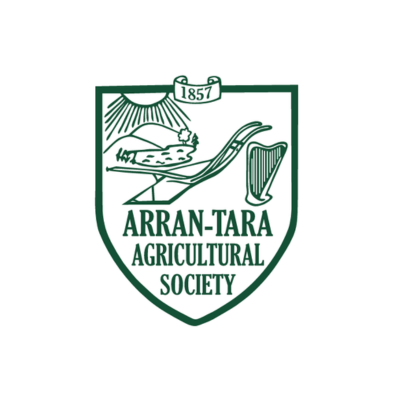 Logo of Arran-Tara Agricultural Society featuring mountains, a stream, a beaver, and a bush plane, with the year 1857.