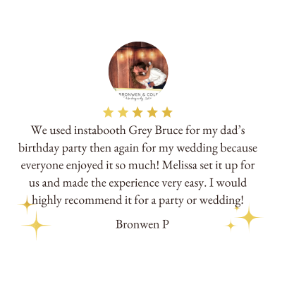 Screenshot of a review praising the use of instabooth for a birthday party and wedding, with a profile picture of a woman with curly hair. The review is written by Bronwen P and includes gold star ratings and sparkles.