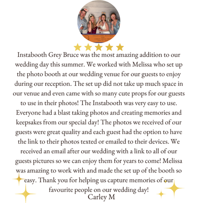 A three-photo wedding album page with a photo of engaged couple at the top, five gold stars below it, and a wedding story text underneath.