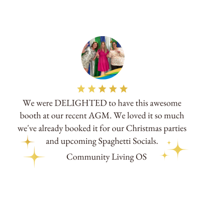 Testimonial about an event booth during an AGM, Christmas parties, and upcoming Spaghetti Socials, with five gold stars and decorative gold sparkles.