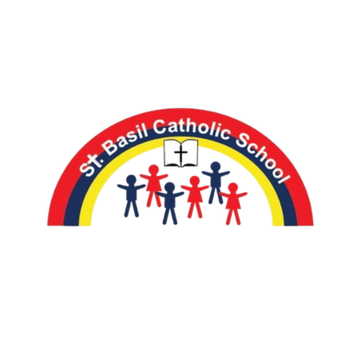 St. Basil Catholic School logo featuring a rainbow with the school name, a cross, and five children holding hands.