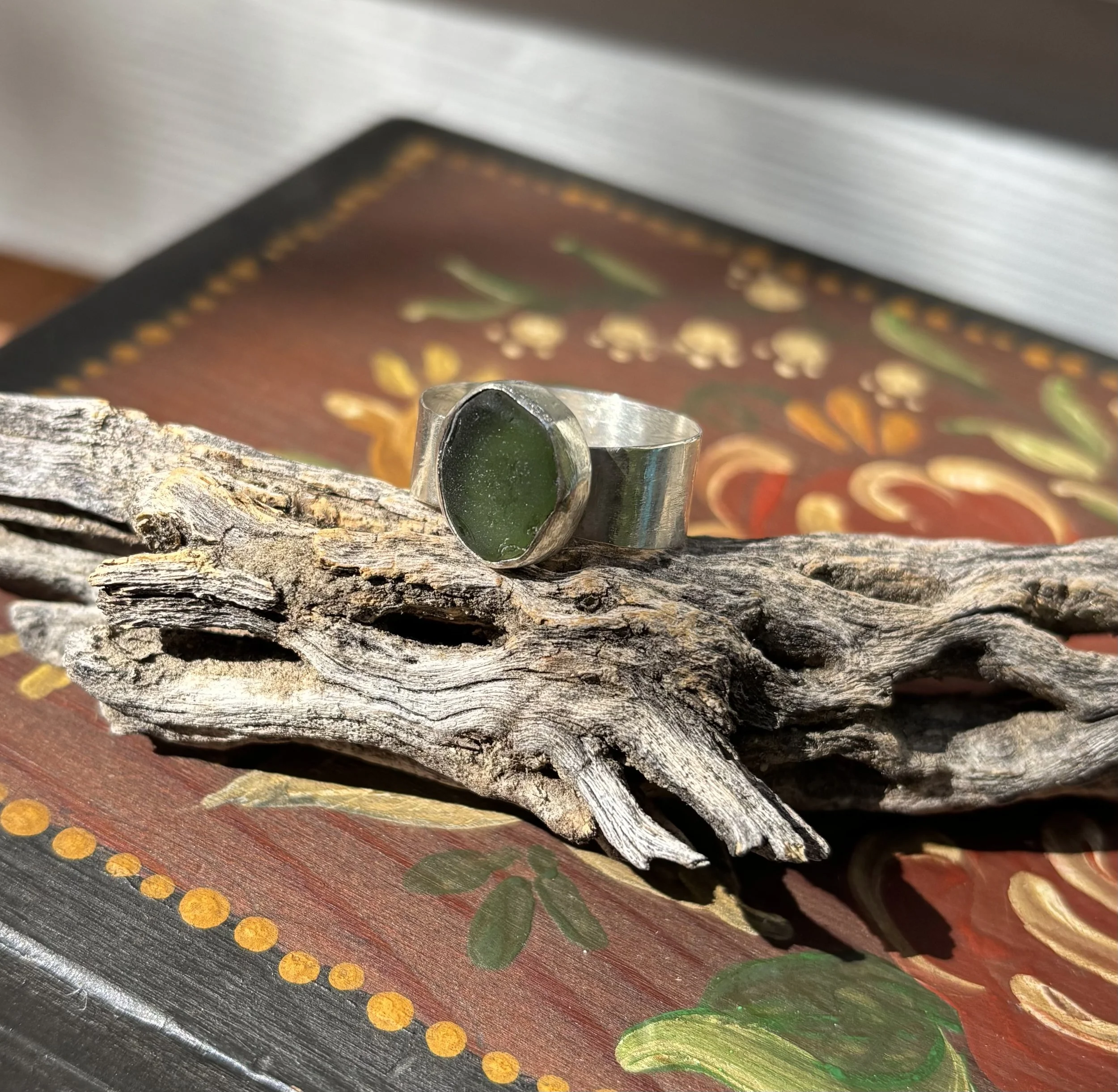 Green Seaglass Silver Ring