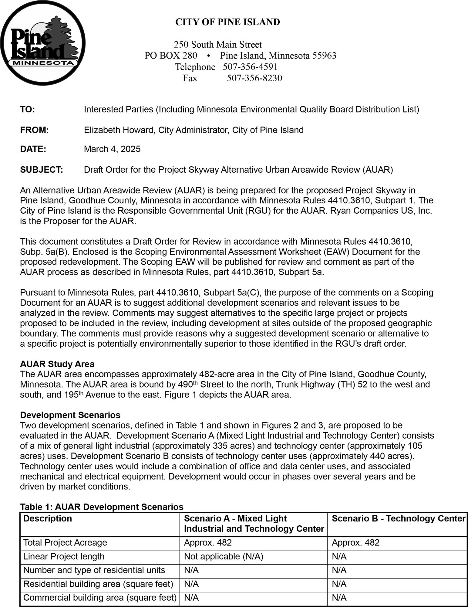 Draft Order for the Project Skyway Alternative Urban Areawide Review (AUAR)