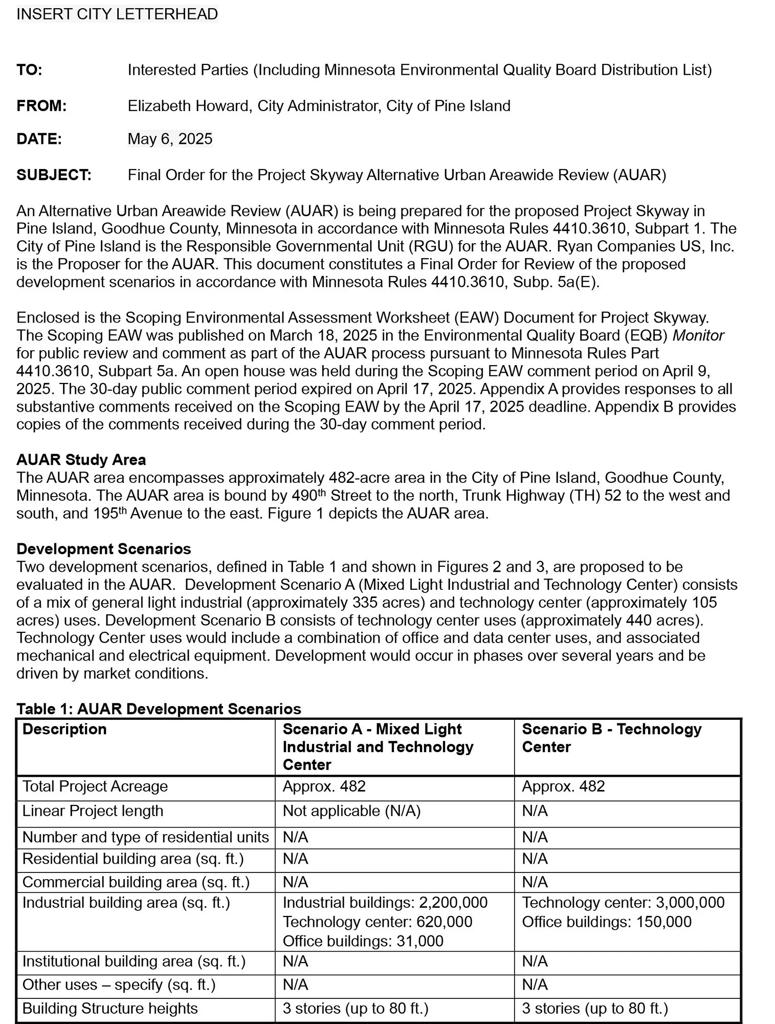 Final Order for the Project Skyway Alternative Urban Areawide Review (AUAR)
