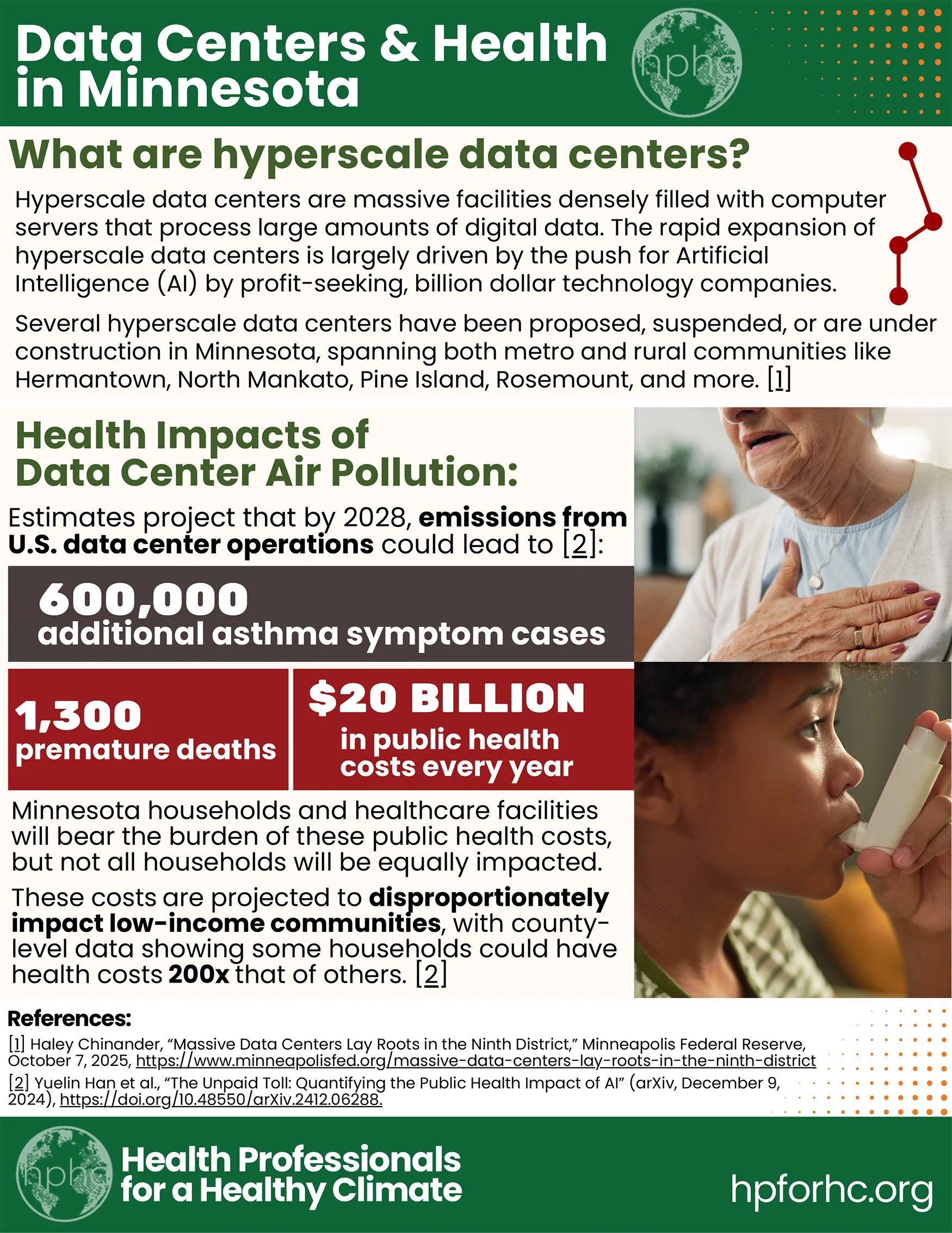 Image of a fact sheet that includes information about health impacts that may arise from data center air pollution