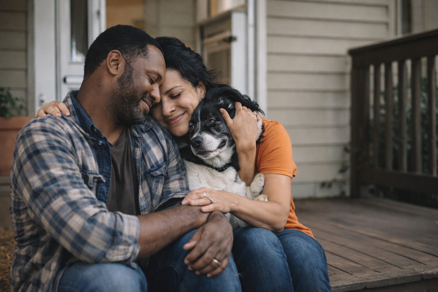A happy couple sitting on a porch swing, embracing and cuddling their dog, a black and white Australian Shepherd, smiling with their eyes closed.