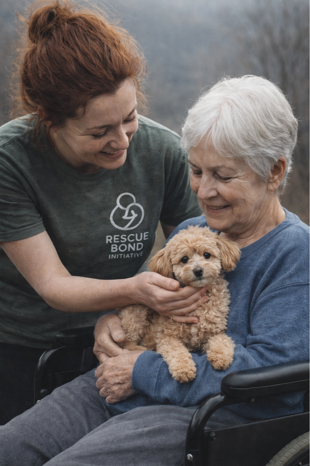 Two women, one young with red hair and the other elderly with white hair, are smiling as they hold a small, light brown puppy. The elderly woman is sitting in a wheelchair, and the younger woman is wearing a green T-shirt with a