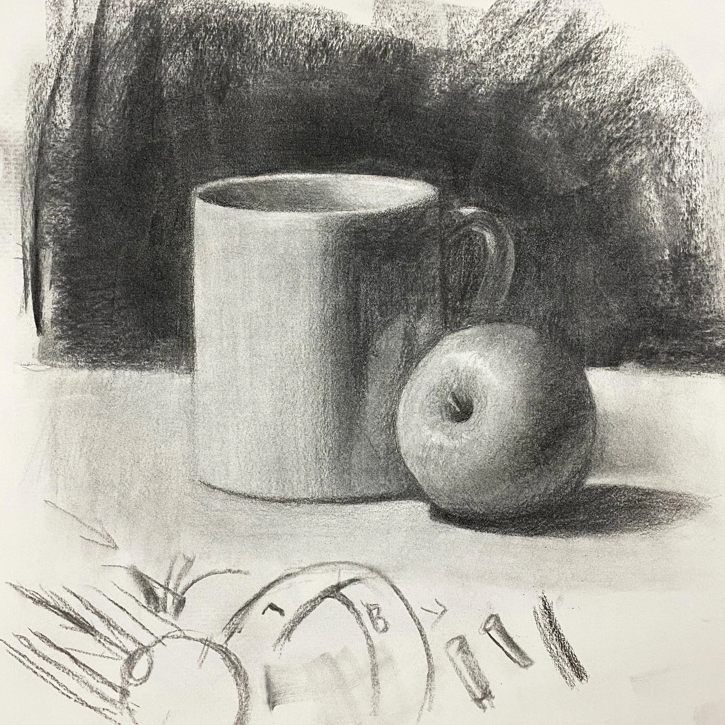 A detailed black and white charcoal drawing of a young woman with long hair, looking to the side, on paper with other teaching demonst4ration drawings around.