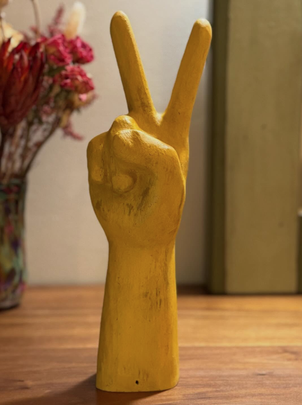 Carved and Painted Yellow Peace Hand