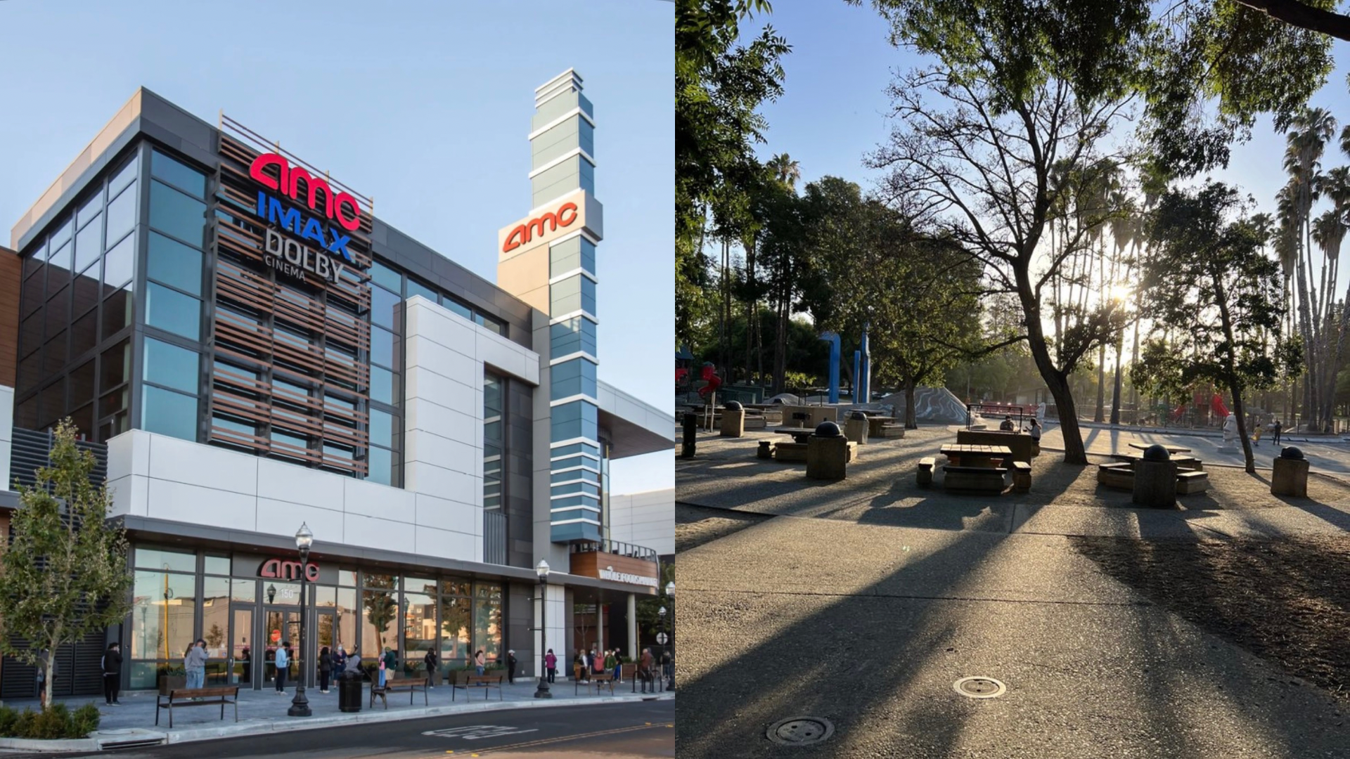 Left side shows a modern multi-story building with large glass windows and signs for AMC movie theater, IMAX, and Dolby Cinema. Right side displays a park with trees, benches, and a playground, with sunlight filtering through the trees.