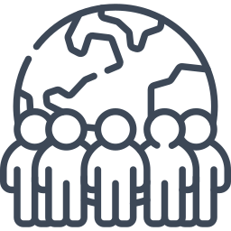 Outline of the Earth with four people standing in front of it.