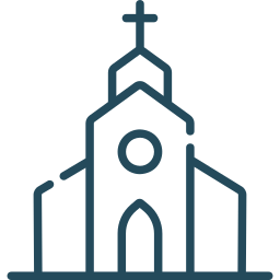 Outline of a church with a steeple and cross on top, simple line drawing in blue against a black background.