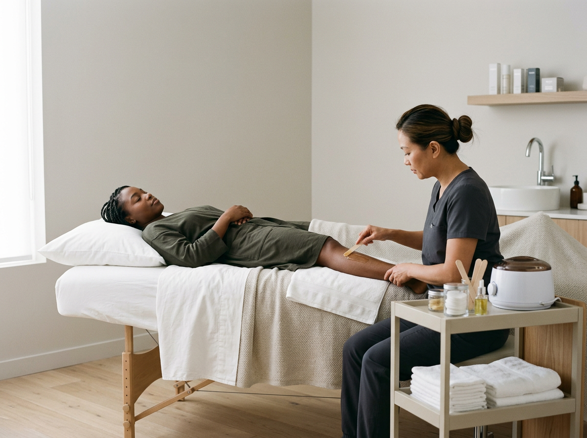 A woman receiving a professional spa or facial treatment, lying on a treatment bed, while a healthcare professional applies a treatment to her leg in a clinical setting.