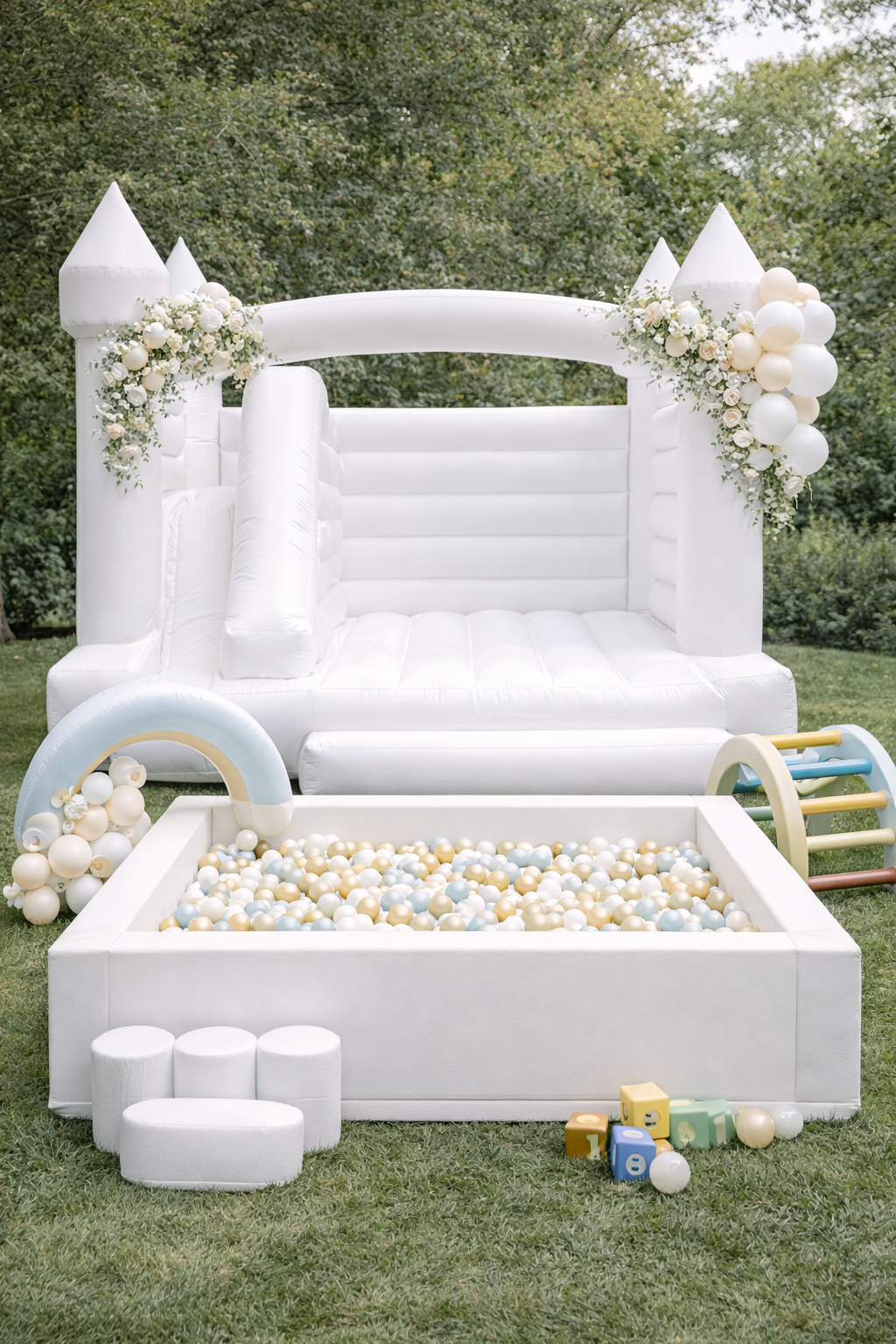 A white inflatable castle with turrets decorated with floral arrangements and balloons, set up outdoors on grass, with a ball pit filled with pastel-colored balls in front.