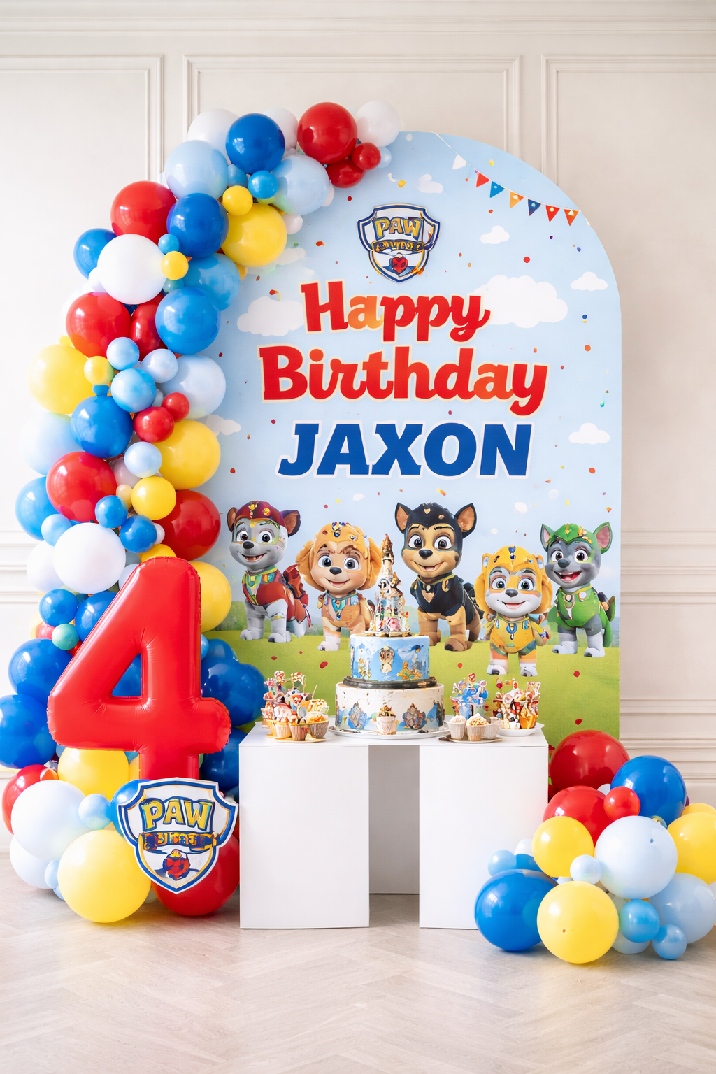 Paw Patrol themed birthday backdrop with balloons and plinths for kids party in Cape Town