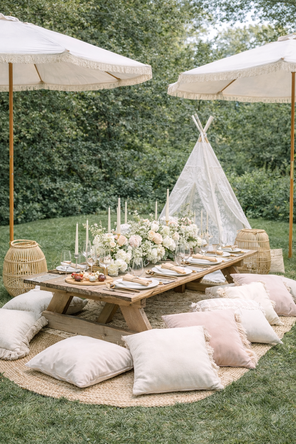 Outdoor boho-style dining setup with a low wooden table, beige pillows, and candles, surrounded by large umbrellas, a white tent, and greenery.