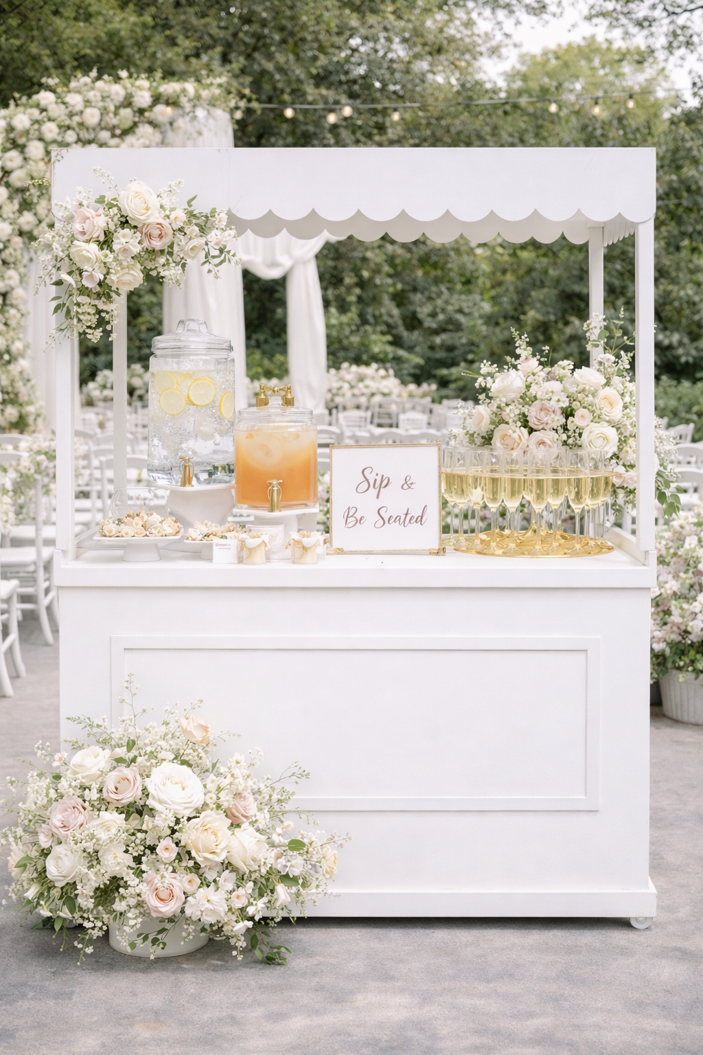 White champagne bar setup with drinks and flowers for elegant outdoor events in Cape Town