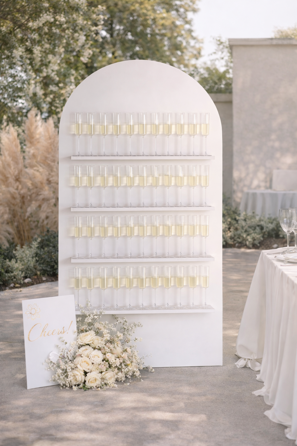 A white display board with four shelves holding glasses of champagne at an outdoor celebration, with a floral arrangement and a sign that says 'Cheers!'